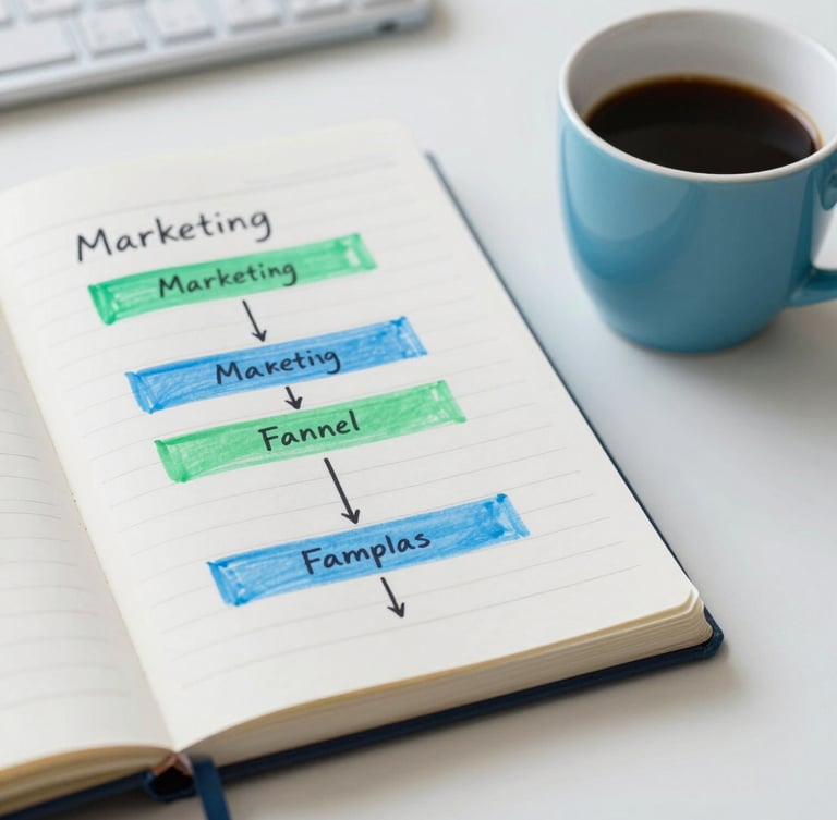 Close-up of a strategy notebook with clean handwritten marketing funnels, next to a ceramic coffee mug on a white desk under cool daylight