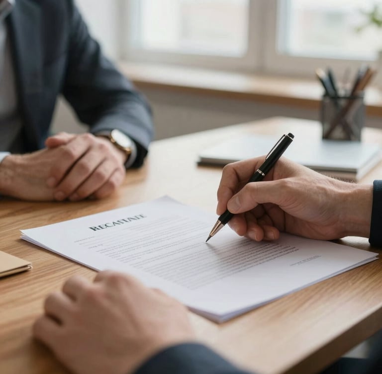 A close-up of hands signing a clean loan agreement on a solid wooden table, natural overcast daylight, authentic Slovak office environment.