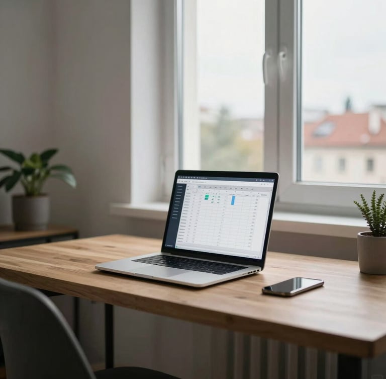 A medium shot of a modern, clean Slovak home office in Bratislava, soft overcast daylight coming from a side window, highlighting a wooden desk with a laptop displaying a simple financial calculator interface.