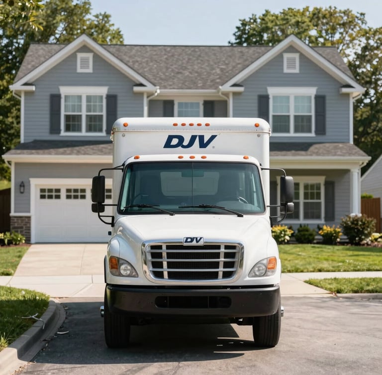 Eye-level straight-on shot of a clean, branded DJV Contracting truck parked on a neat suburban Westchester driveway in bright, natural morning light, with a beautifully renovated home exterior in the background.