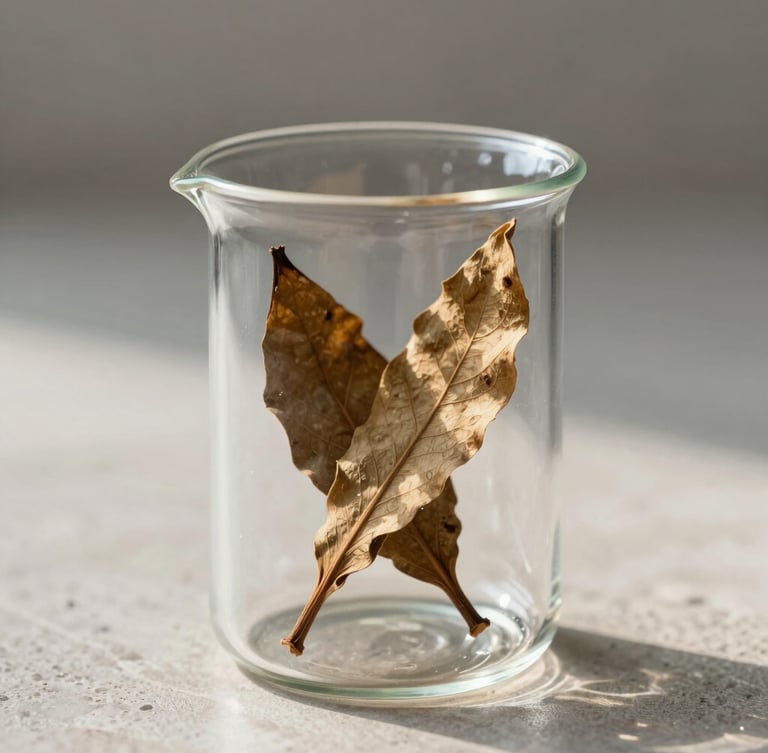 Macro shot of dried botanical leaves inside a clean, heavy glass clinical beaker on a light stone surface, soft diffused morning daylight from the side, minimalist composition.