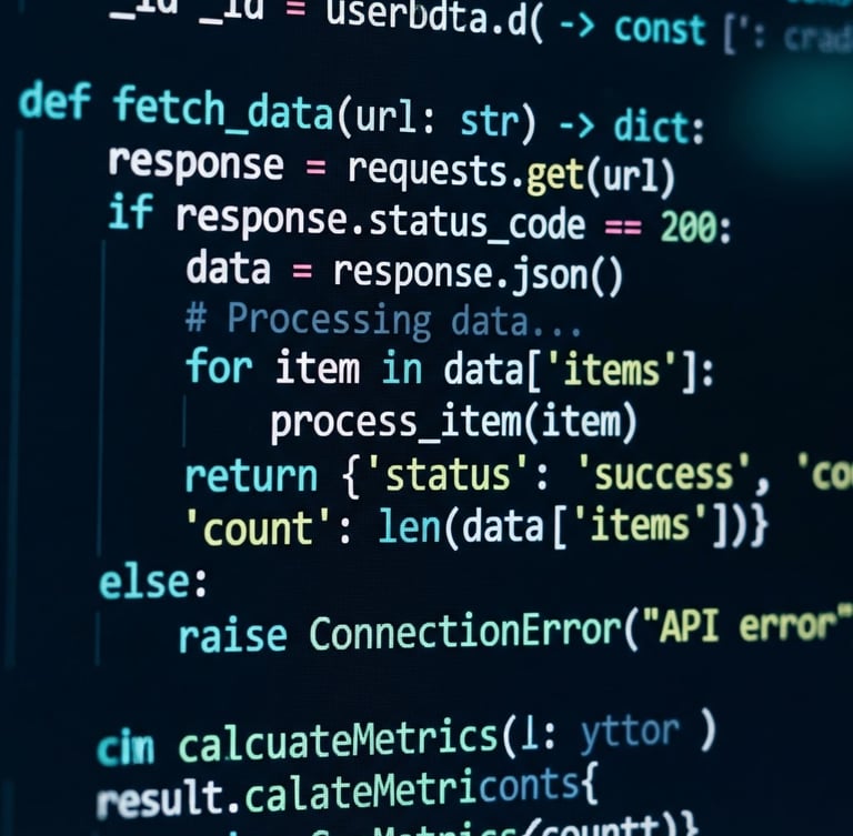 Macro close-up of a high-resolution screen displaying clean, structured code, cool diffused studio light with subtle teal and navy reflections, sharp focus