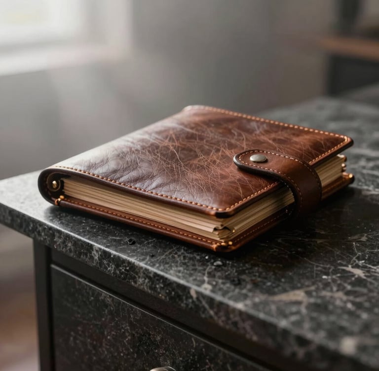 Extreme close-up of a leather-bound itinerary resting on a dark stone console table, soft morning fog light filtering from the side, quiet luxury editorial style.