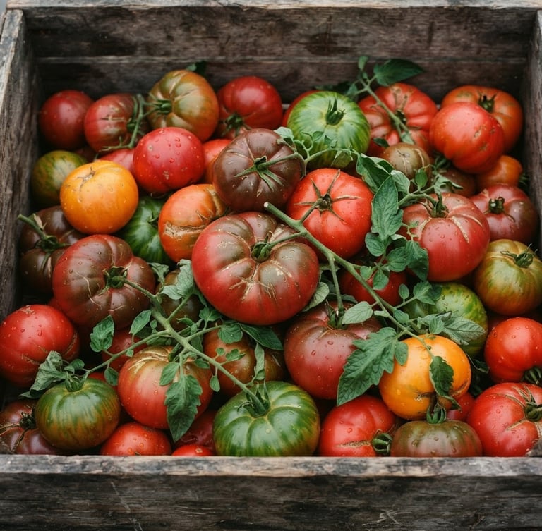 Close-up of fresh heirloom tomatoes in a weathered wooden crate, soft overcast natural light, rich crimson and forest green tones, matte finish, 35mm lens.