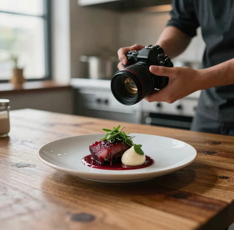 Candid medium shot of a photographer setting up a shot of a beautifully plated dish on a rustic wooden table in a restaurant kitchen, soft natural light from a window, blurred background of kitchen activity, warm editorial photography, soft overcast natural light, rich crimson and forest green tones, matte finish, 35mm lens