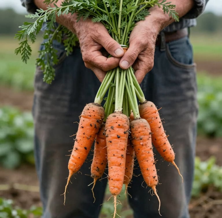 A farmer's hands holding a bunch of freshly harvested muddy carrots, soft diffused daylight, rustic farm background, matte finish, 35mm lens.