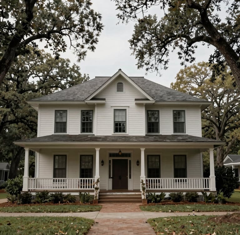 A straight-on architectural photograph of a weathered craftsman-style bungalow in Alabama, showing natural wear under soft, overcast daylight, framed by mature oak trees.