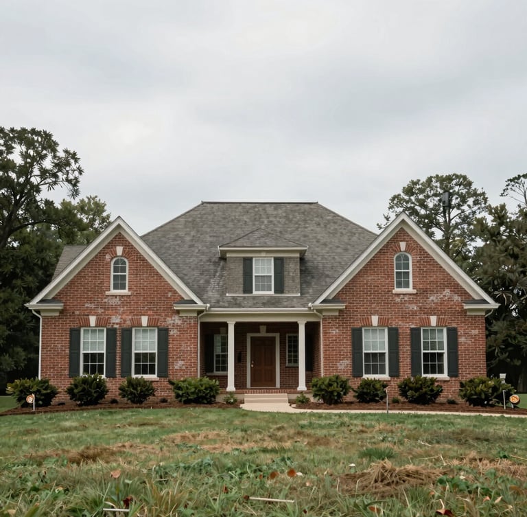 Straight-on architectural shot of a classic Alabama brick ranch home under soft overcast daylight, showing authentic weathered details with generous negative space.