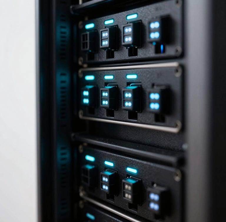 Macro close-up of server racks with glowing cyan LED indicators, deep obsidian shadows, high contrast, technical aesthetic