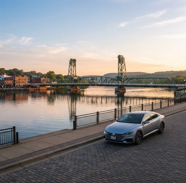 Clean silver sedan parked near the Stillwater Lift Bridge at golden hour, crisp morning light, wide environmental shot, low horizon