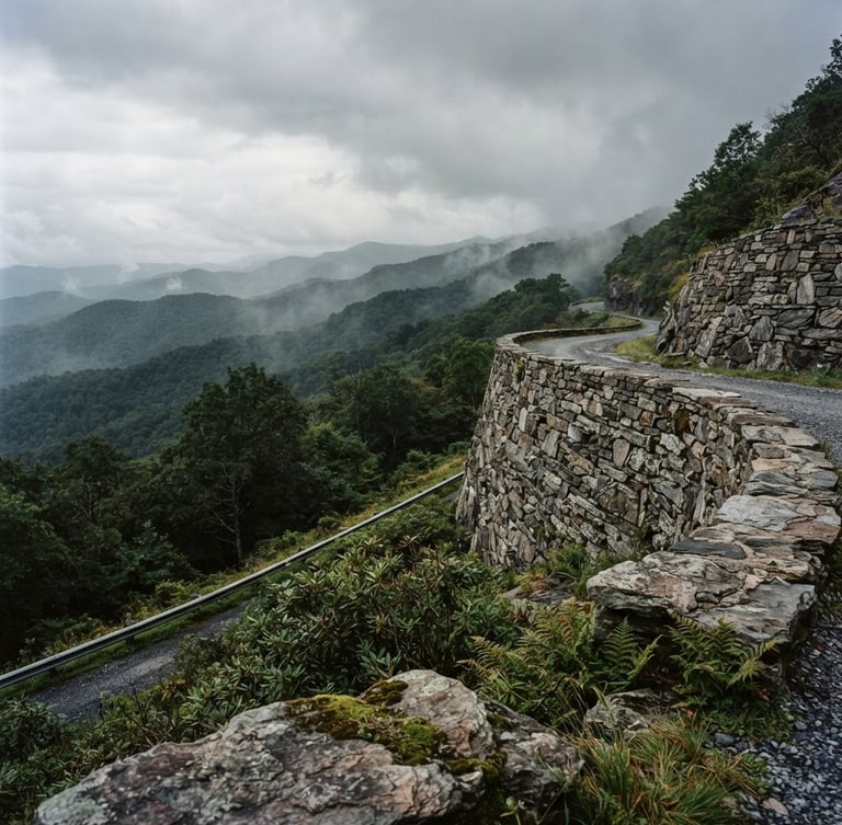 Wide panoramic Blue Ridge mountain slope, massive dry-stack stone wall anchoring the steep terrain on the right, misty mountain daylight, deep forest greens and slate tones, medium format film.