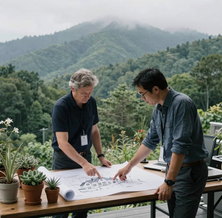 Portrait of two landscape architects in a bright Hendersonville office, one pointing at a large blueprint of a mountain estate, native plant specimens on a nearby table, soft overcast light.