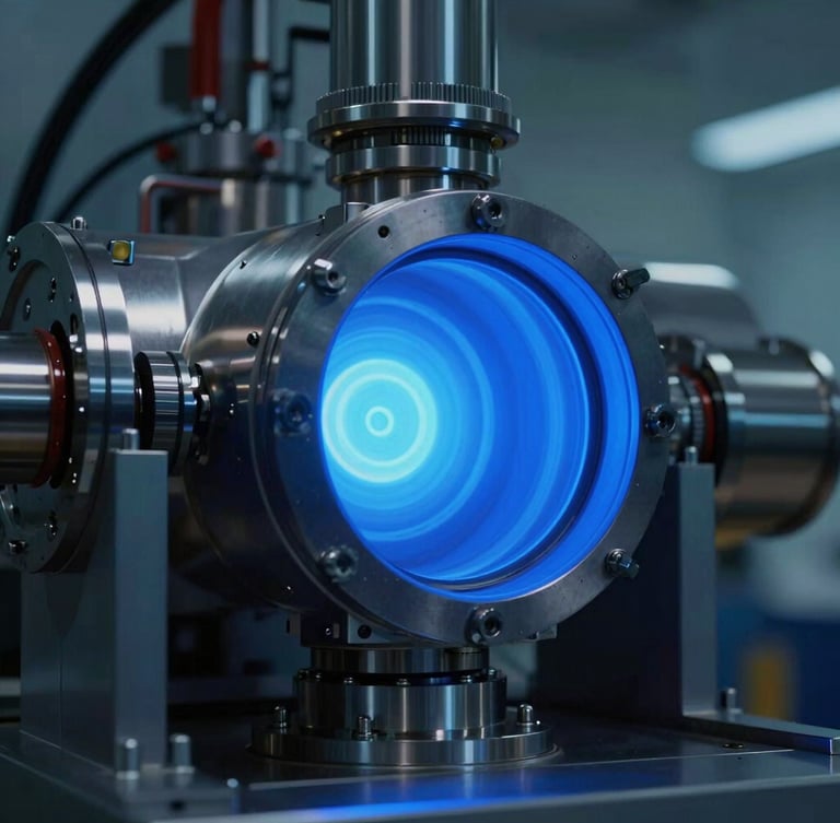 Low-key industrial macro photography of a high-tech MPCVD plasma chamber glowing blue, sharp technical highlights, 50mm lens