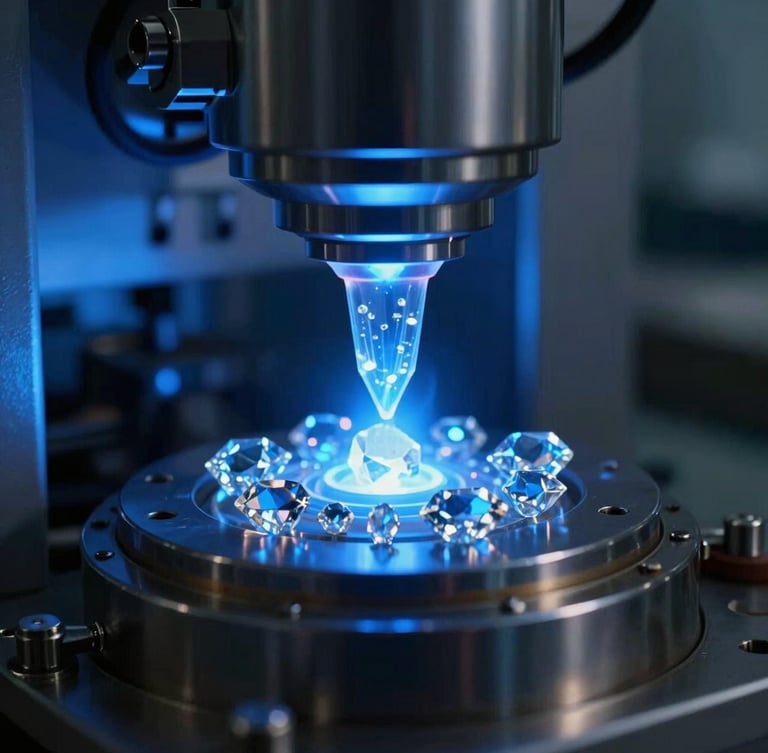 Macro shot of a high-tech MPCVD plasma chamber glowing intense blue, synthesizing raw diamond crystals with sharp technical highlights, cool low-key lighting, 50mm lens