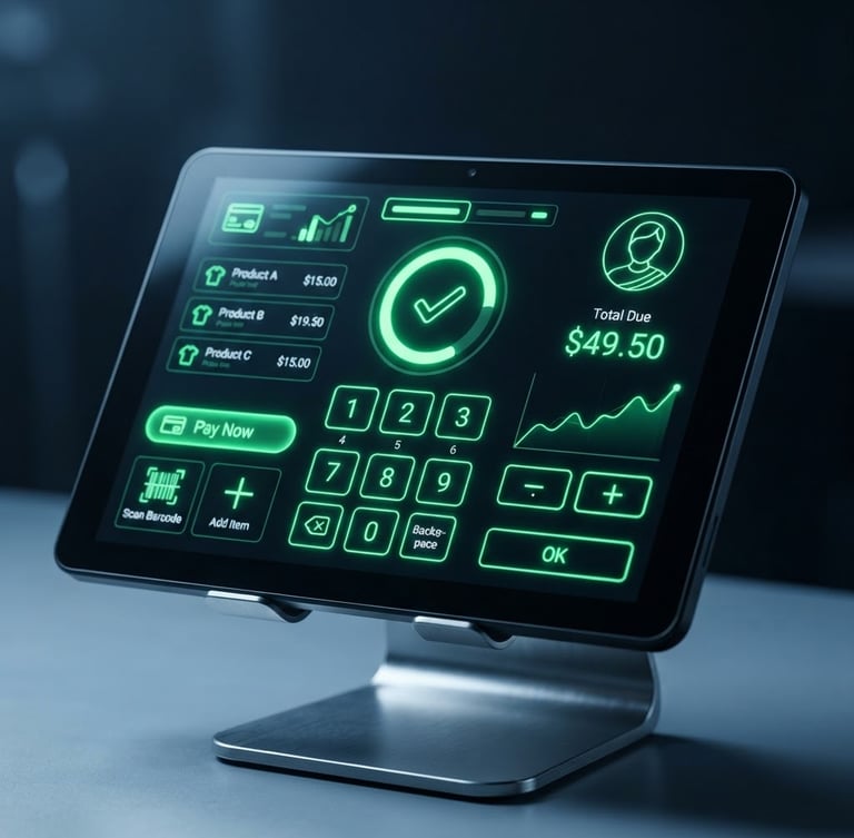 Macro studio shot of a sleek Android retail tablet displaying a custom checkout interface with bright neon-green UI elements, high contrast black background, cool-toned studio lighting