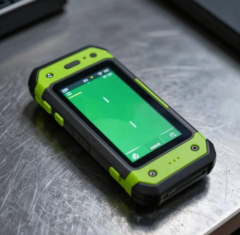A rugged Android handheld scanner resting on a dark steel workbench, screen displaying a high-contrast green telemetry interface, sharp neon-green accents, cool studio lighting, macro lens
