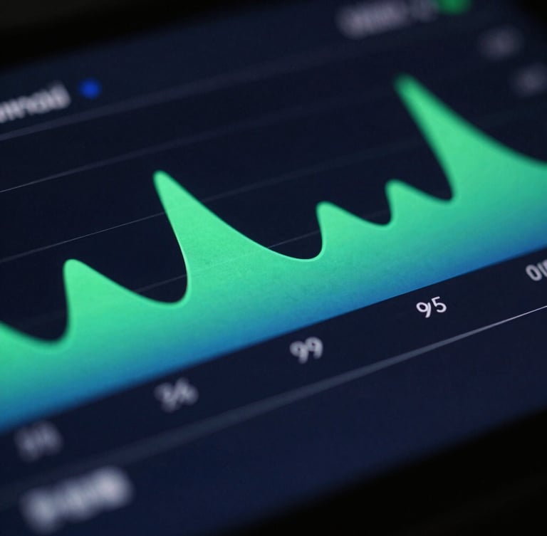 Macro close-up of a high-refresh-rate Android screen displaying fluid UI frame-rate graphs, dramatic green and blue neon rim lighting, deep charcoal background, shallow depth of field