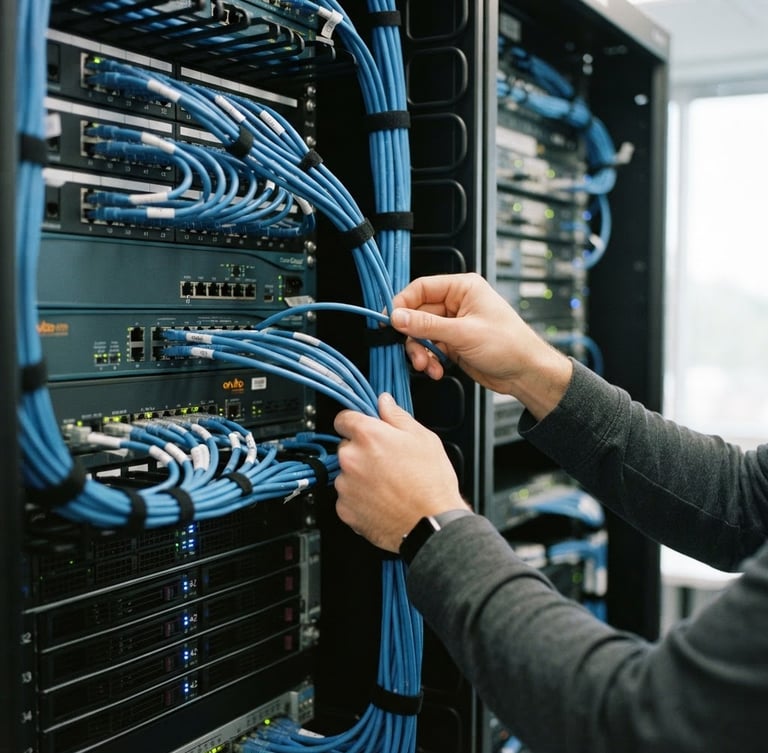 Close-up of a technician's hands organizing blue ethernet cables in a clean server rack, bright office lighting, professional 35mm photography