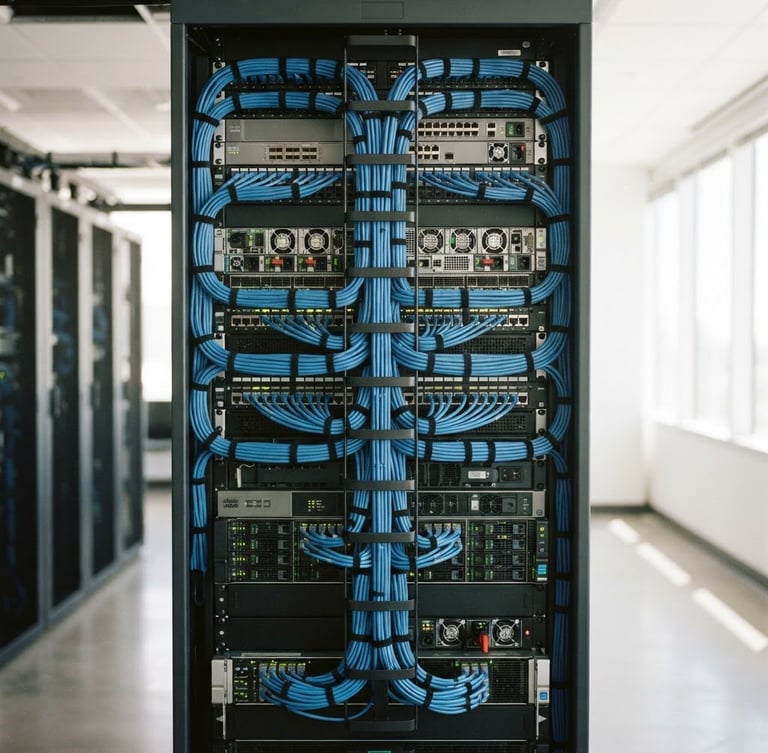 A clean corporate server rack with neatly organized blue ethernet cables, bright natural office lighting, professional 35mm photography