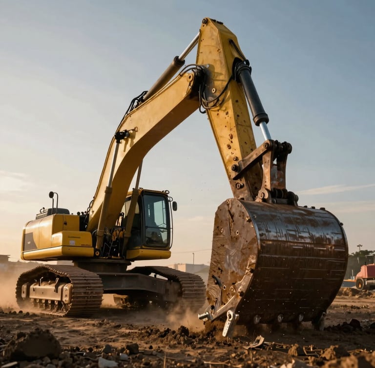 Low-angle cinematic shot of a massive steel excavator bucket digging into dark earth, high contrast, dramatic golden hour lighting, dust particles in the air