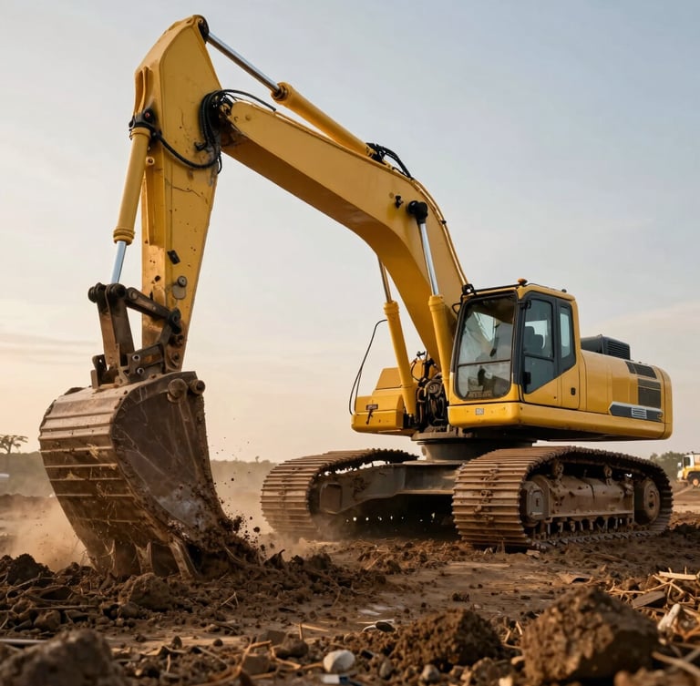 Low angle cinematic shot of a massive yellow excavator digging deep dark soil, heavy steel tracks covered in mud, dramatic golden hour lighting, dust in the air