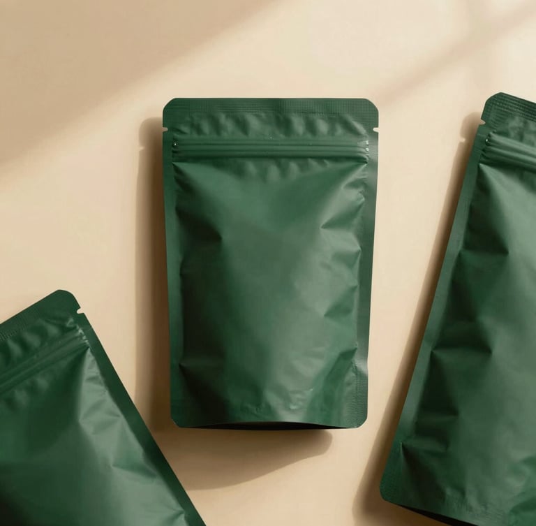 Overhead flat lay of sleek, unmarked dark green packaging on a warm cream surface with soft window shadows, editorial 35mm photography