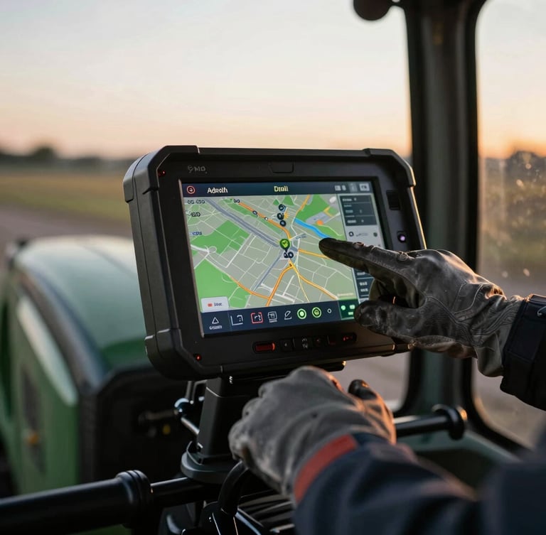 Close-up of a rugged Android terminal mounted inside a tractor cabin, high-contrast navigation map glowing on the screen, hands in work gloves touching the display, dramatic late-afternoon light.