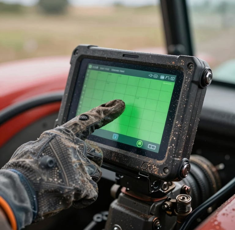 Close-up of a hand in a thick work glove tapping a rugged 10-inch Android terminal mounted inside a dusty tractor cab, bright green interface showing grid lines.