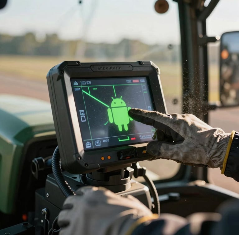 Dramatic close-up of a rugged Android terminal mounted inside a tractor cab, glowing green navigation lines on screen, dust particles visible in late-afternoon sun rays, hands in work gloves touching the display.