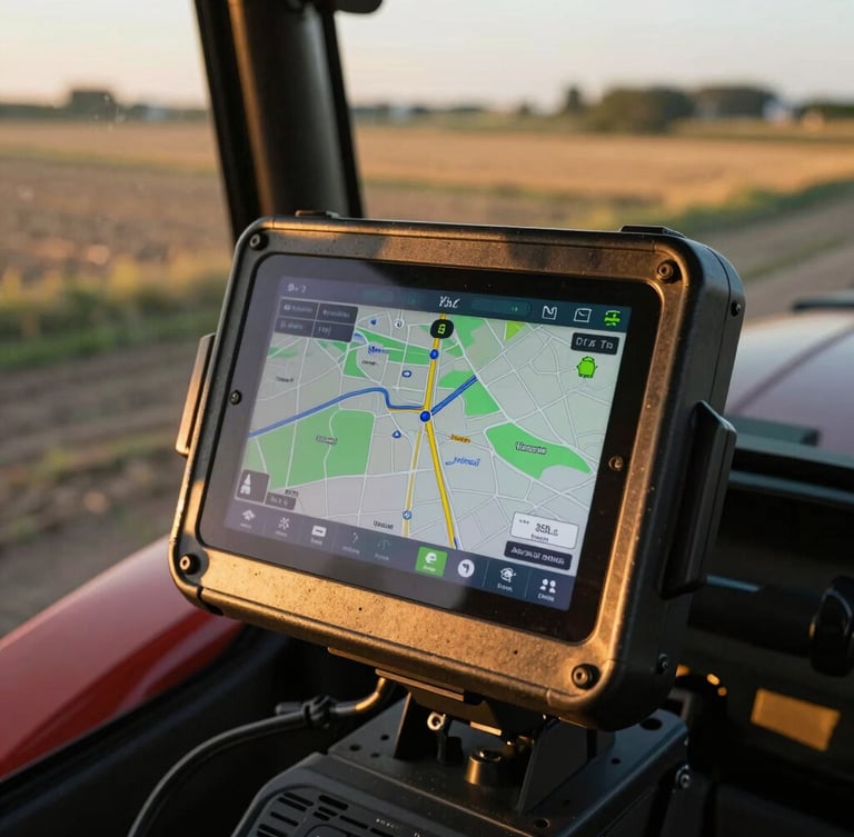 Close-up of a rugged Android terminal mounted inside a tractor cabin, glowing high-contrast navigation map on screen, late-afternoon golden hour light casting long shadows over fields outside the window.