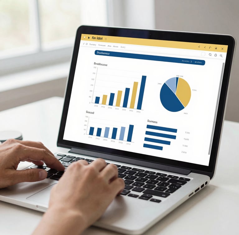 Bright editorial photography, close-up of hands analyzing clean charts on a laptop screen with a gold and deep blue interface, natural workspace light, 35mm