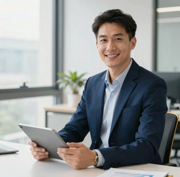 Editorial portrait of a business consultant smiling in a bright, modern office, holding a tablet with clean graphs, natural light, professional and approachable atmosphere.