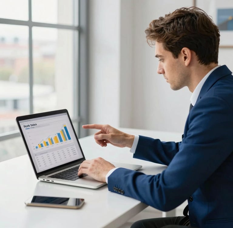 Bright editorial photography of a focused entrepreneur analyzing real sales metrics on a laptop screen, clean modern workspace, natural window light, deep blue and gold accents, shallow depth of field, 35mm.