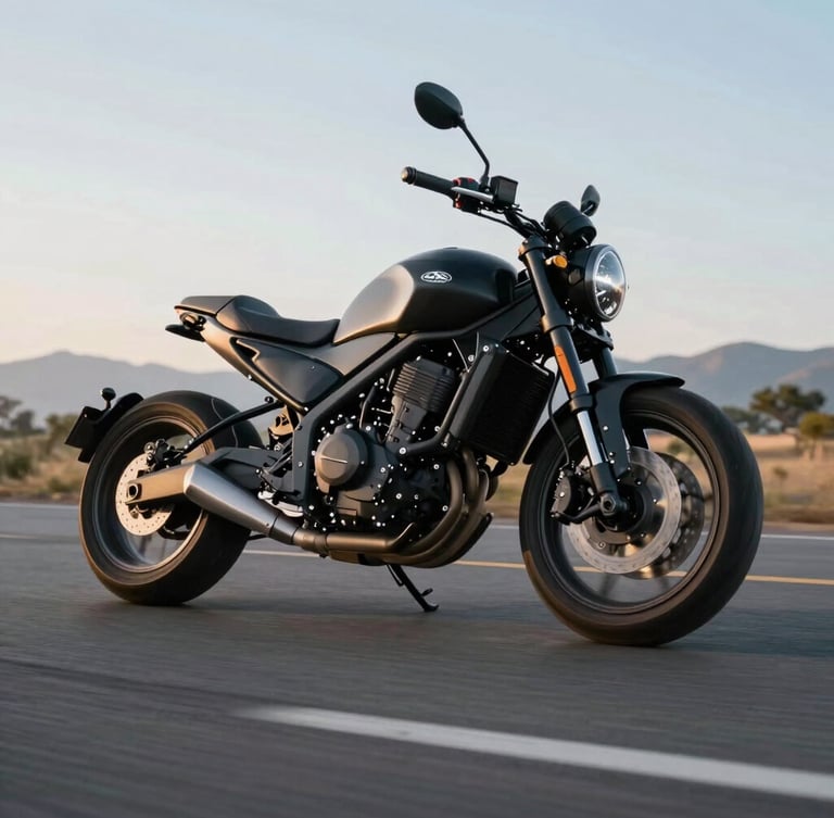 Low-angle dynamic tracking shot of a matte black electric motorcycle accelerating on a clean asphalt road in Santa Rosa, crisp morning light reflecting on its metallic battery hub.