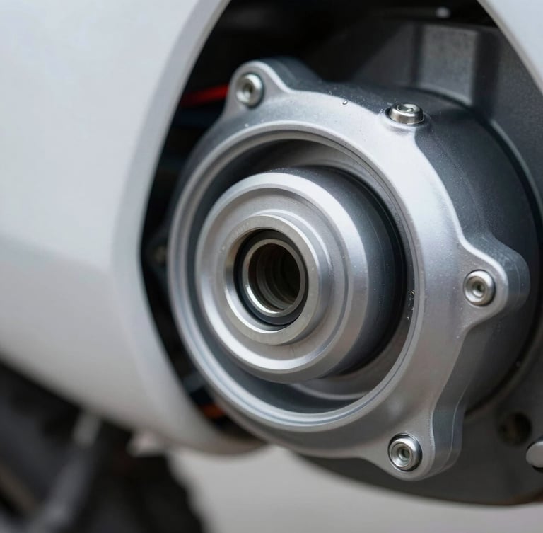 Close-up macro of an electric motorcycle battery hub and motor casing, clean industrial design with metallic finish under cold overcast daylight, sharp focus on the charging port.