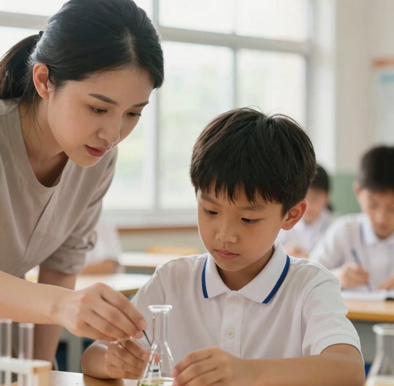 A warm candid medium close-up of a teacher guiding a young student through a science experiment, natural window light, soft focus background