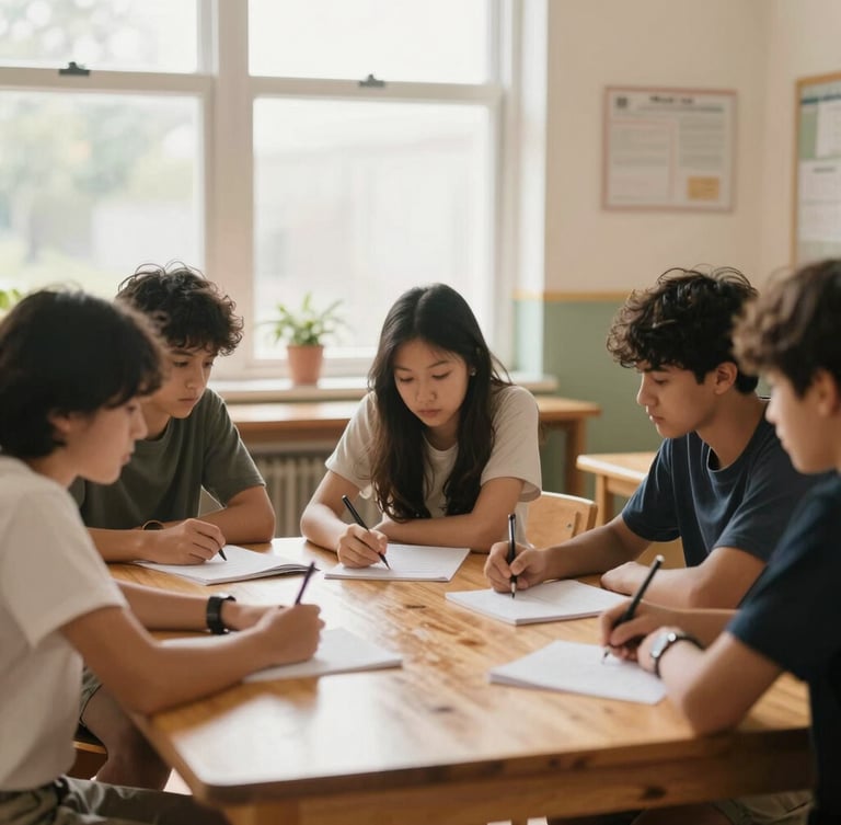 A wide shot of an active, warm-lit classroom with students collaborating around a wooden table, natural window light, authentic and focused atmosphere.