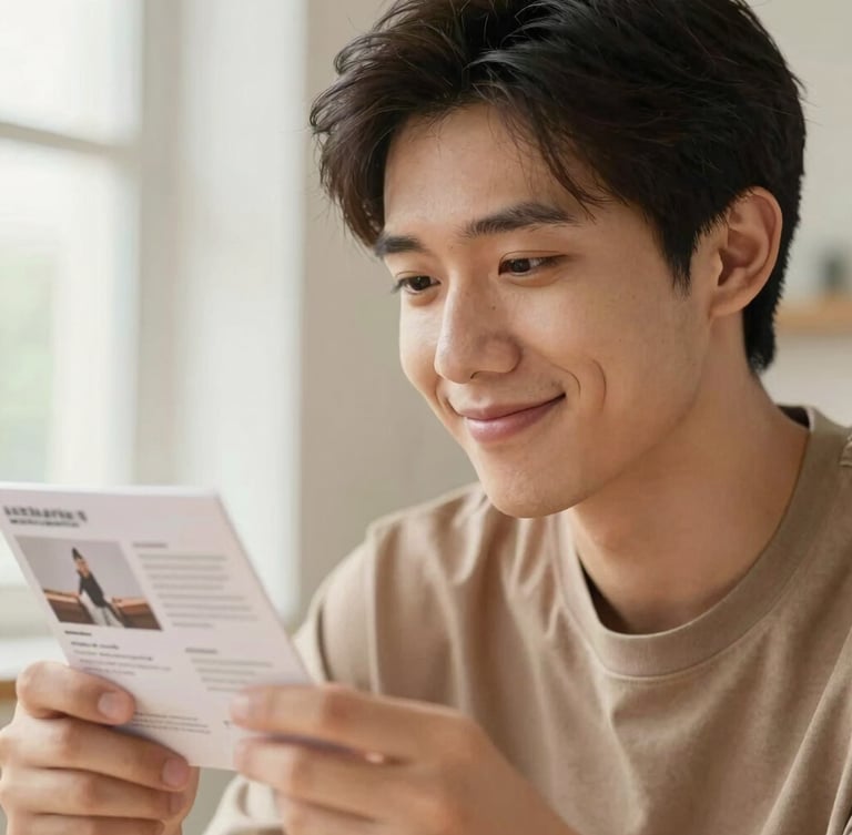 Medium close-up portrait of a young adult looking at a visual career exploration card with a thoughtful smile, soft natural window light, warm editorial photography, optimistic earthy tones, shallow depth of field, 35mm