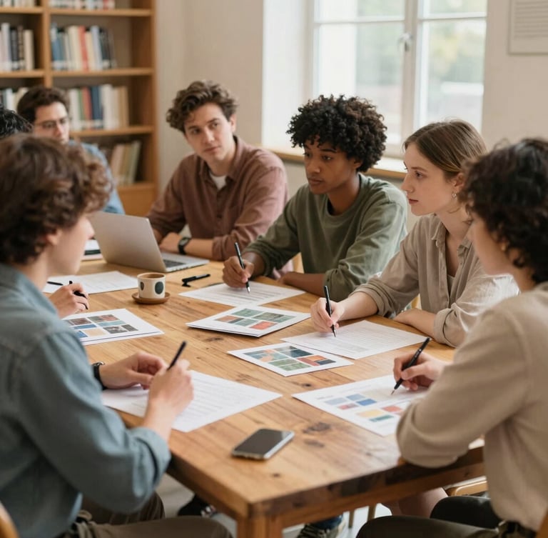 A collaborative workshop scene in a bright public library, diverse participants talking over visual materials on a rustic wooden table, soft natural window light, warm tones.