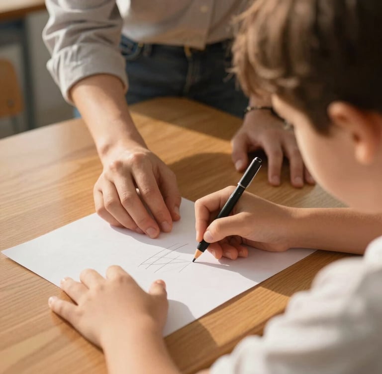 Eye-level close-up of a teacher's hand guiding a young student's writing on a wooden desk, warm golden hour natural light.