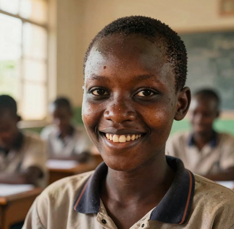 A close-up, eye-level portrait of a young Ugandan student smiling warmly in a sunlit classroom in Wakiso, soft golden light filtering through the window, shallow depth of field.