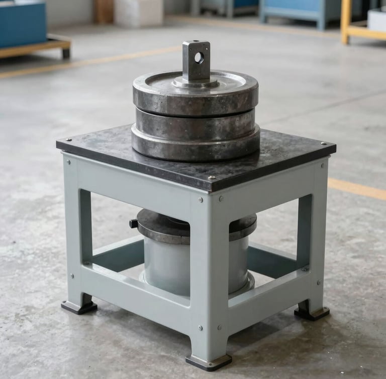 Vertical portrait shot of a heavy-duty industrial platform scale on a clean concrete warehouse floor, a technician placing a large steel test weight on the platform, bright neutral daylight, sharp technical details, 50mm.