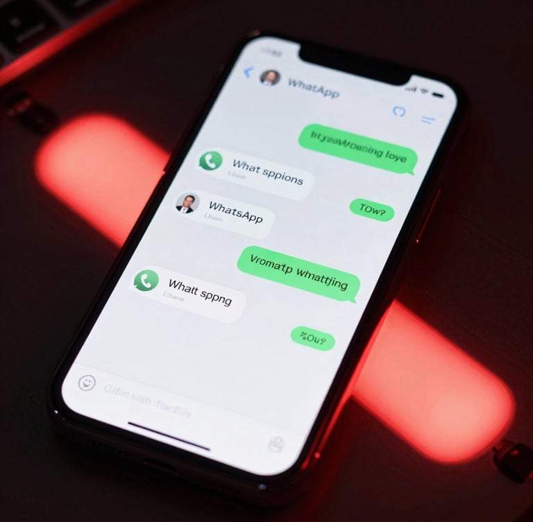 Close-up of a smartphone screen showing active WhatsApp sales conversations with clean interfaces, dark editorial tech photography, sharp studio lighting, vibrant red accent lights.