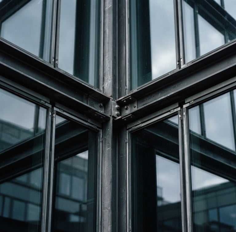Macro close-up of structured steel and glass architectural panels under cool, diffused Nordic daylight, high contrast charcoal and steel tones, sharp focus, 35mm