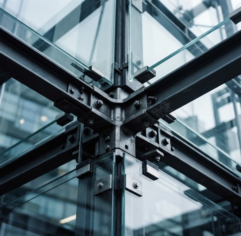Macro close-up of high-contrast structured steel joints and glass panels under cool, diffused Nordic daylight, sharp focus, 35mm
