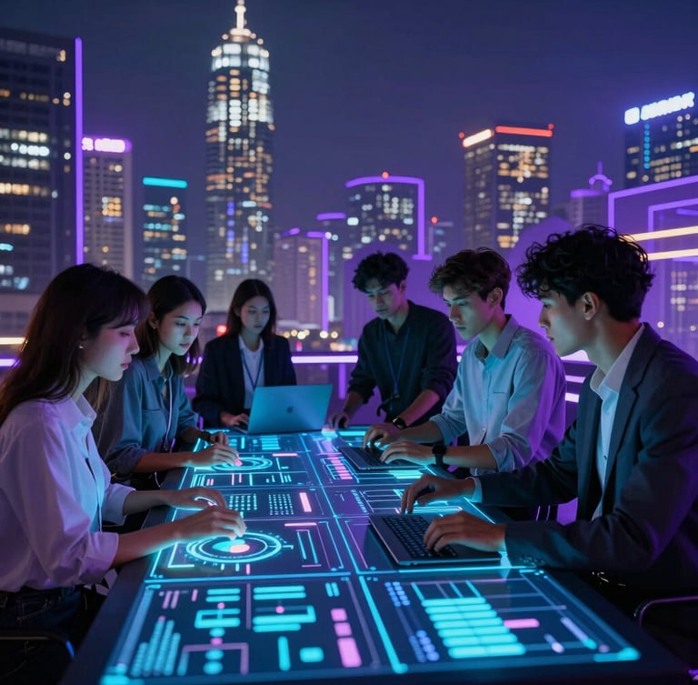 A diverse group of young professionals collaborating over a glowing digital dashboard displaying urban data, cool cyan and deep purple ambient lighting, sharp focus, cinematic wide-angle.