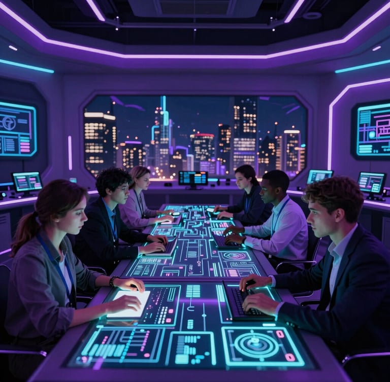 Diverse professionals collaborating over a glowing digital dashboard in a dark, neon-lit control room, electric purple and cyan ambient lighting.