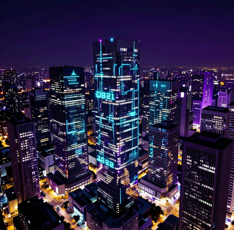 High-contrast night-time urban cityscape with glowing cyan data overlays, smart buildings reflecting deep purple light, cinematic wide-angle.