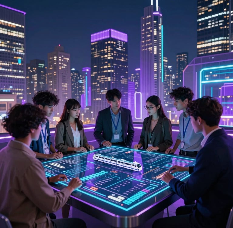 A diverse group of young professionals and urban planners collaborating over a glowing digital dashboard displaying real-time transit data in a modern tech hub.