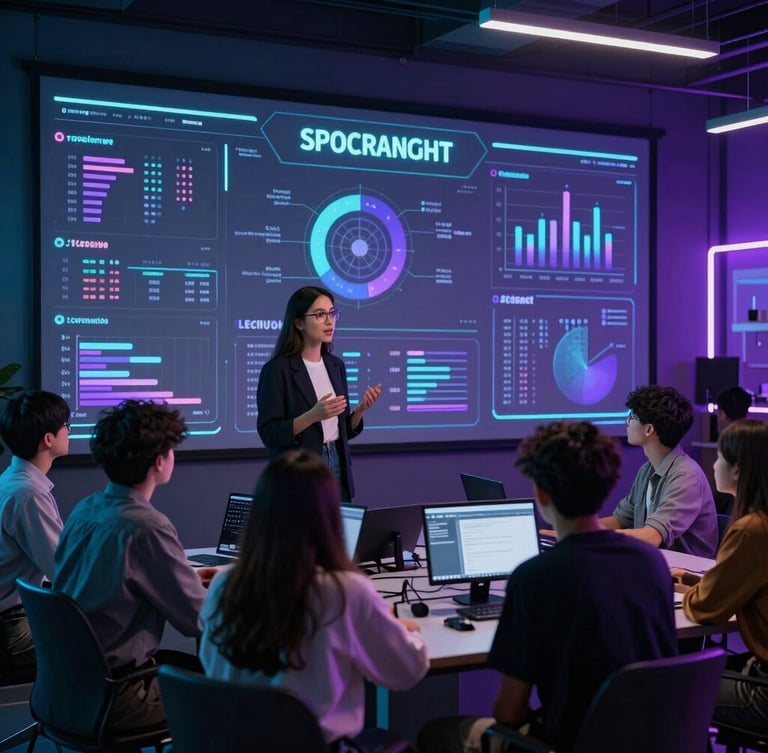 A diverse tech professional explaining a digital dashboard to eager youth in a neon-lit urban community innovation hub, cool cyan and deep purple ambient lighting
